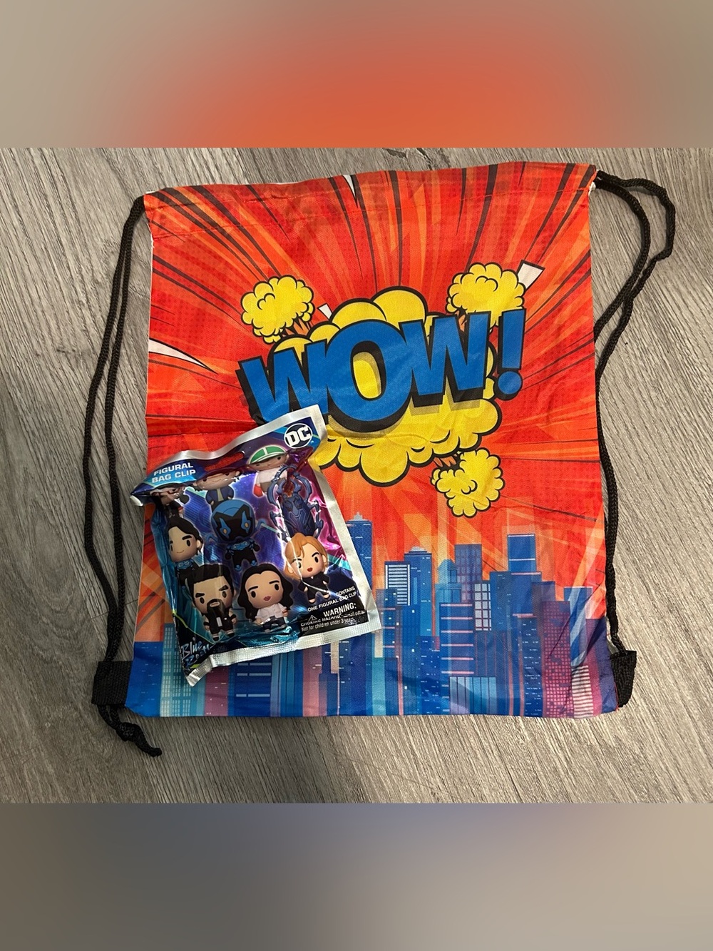NWT Set DC Comics Blue Suprise Bag Clip and WOW! Pop-Art Drawstring  Bag